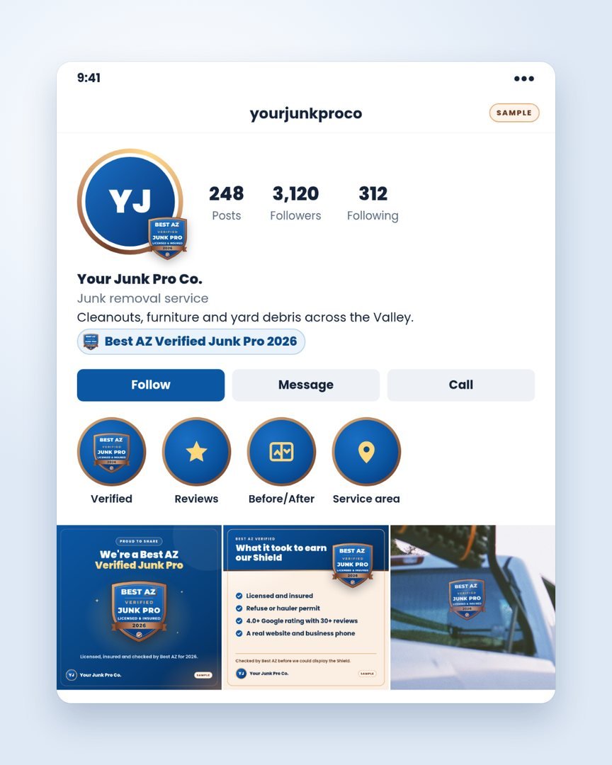 Example social profile with the Shield on the profile picture, bio and highlight cover