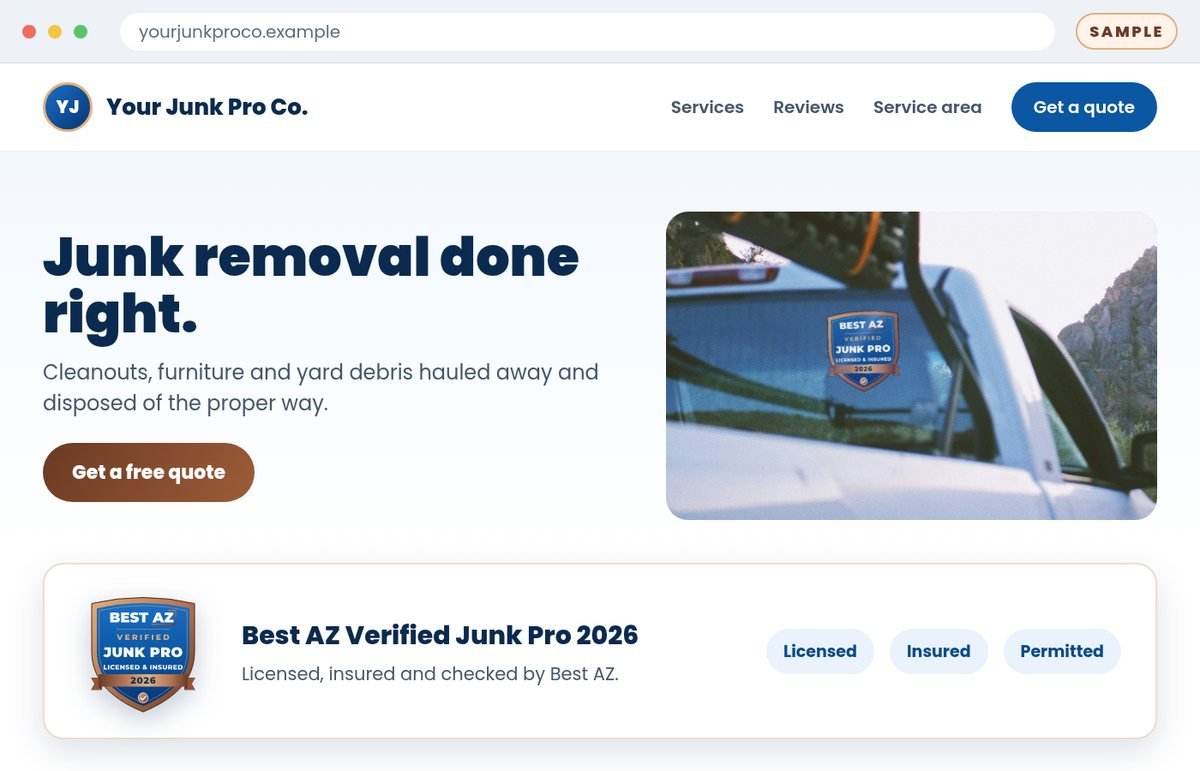 Example Junk Pro website with the Best AZ Verified Junk Pro Shield in its trust bar
